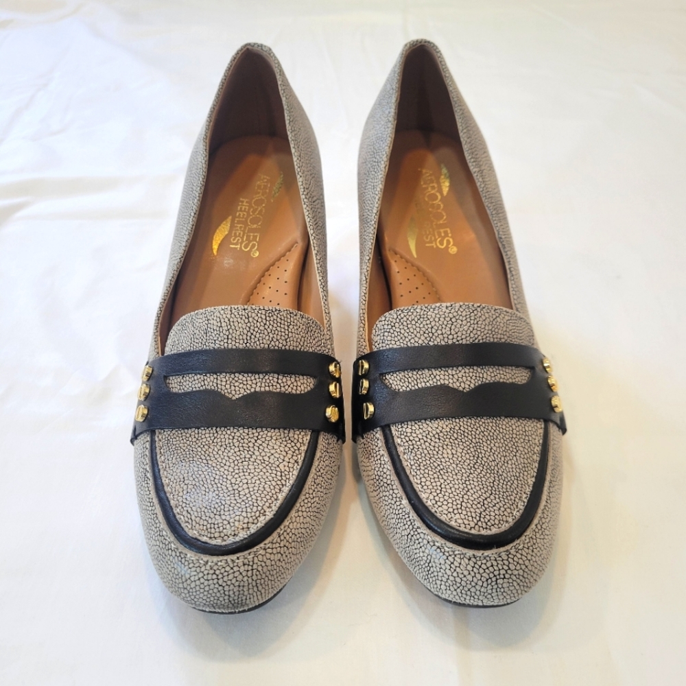 Aerosoles Leather Block Heel Loafer Bone Snake Printed Size 5 1/2